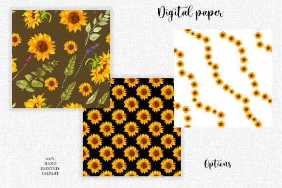 Sunflowers and wheat seamless patterns