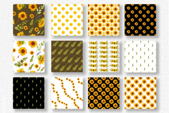 Sunflowers and wheat seamless patterns