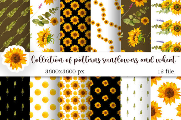 Sunflowers and wheat seamless patterns