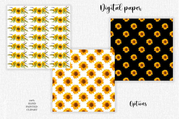Sunflowers and wheat seamless patterns