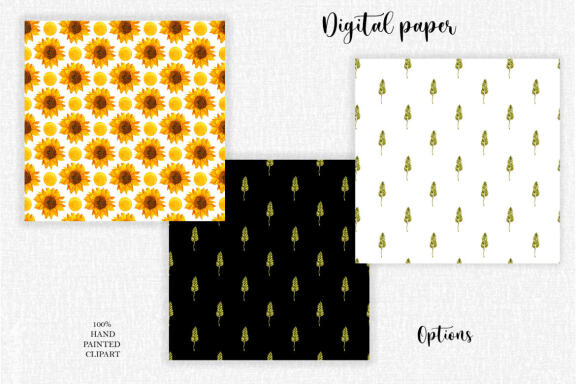 Sunflowers and wheat seamless patterns