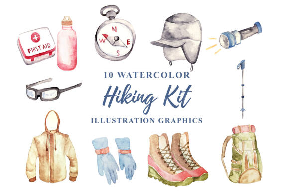 10 Watercolor Hiking Kit Illustration Graphics
