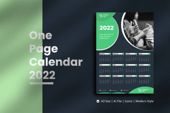 Dark Green One Page Calendar 2022