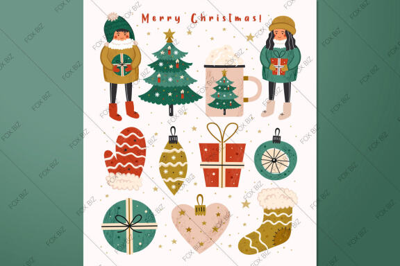Merry Christmas card, elements, seamless patterns