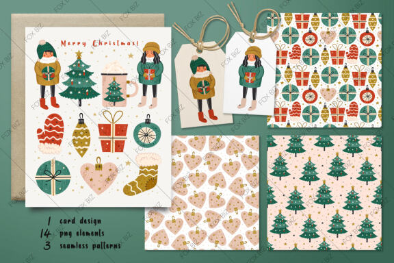 Merry Christmas card, elements, seamless patterns