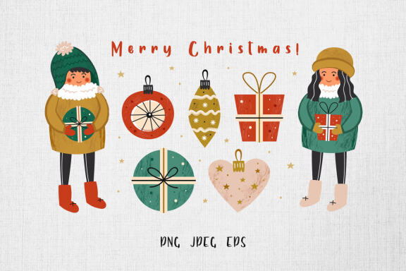Merry Christmas card, elements, seamless patterns