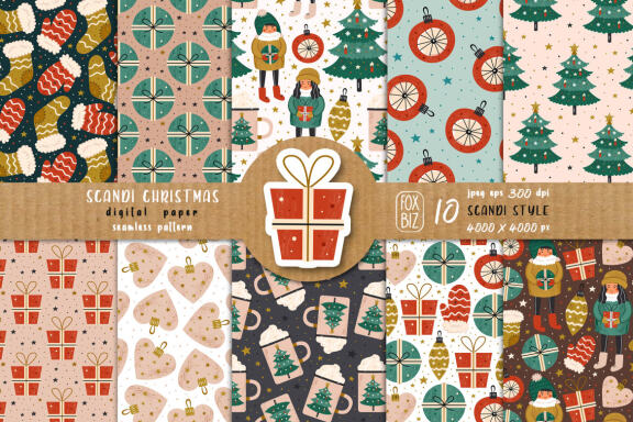 Christmas seamless patterns, digital paper. Scandi design