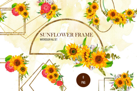 Watercolor sunflower frame clipart Boho sunflower bouquet