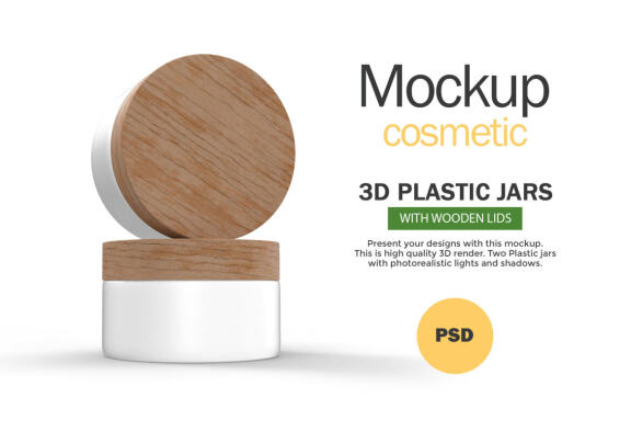 3D Plastic Jars With Wooden Lids - Cosmetic Product Mockup