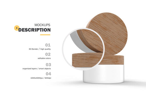 3D Plastic Jars With Wooden Lids - Cosmetic Product Mockup
