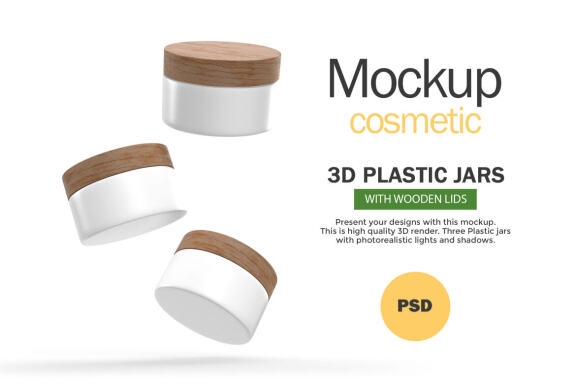 3D Plastic Jars With Wooden Lids - Cosmetic Product Mockup