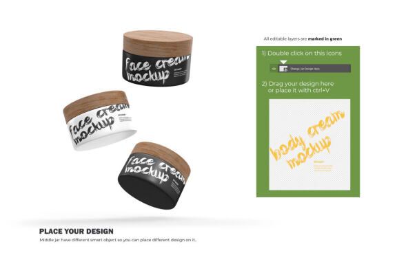 3D Plastic Jars With Wooden Lids - Cosmetic Product Mockup