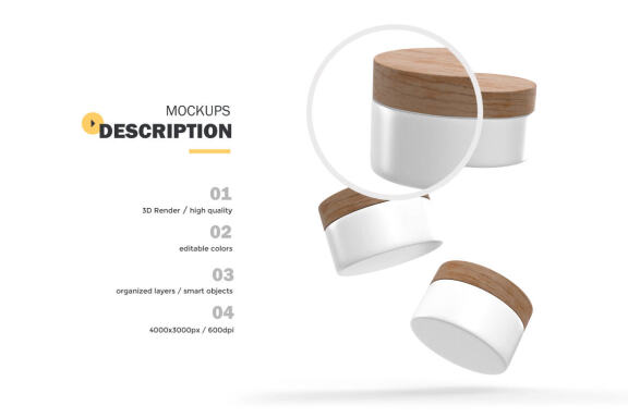 3D Plastic Jars With Wooden Lids - Cosmetic Product Mockup