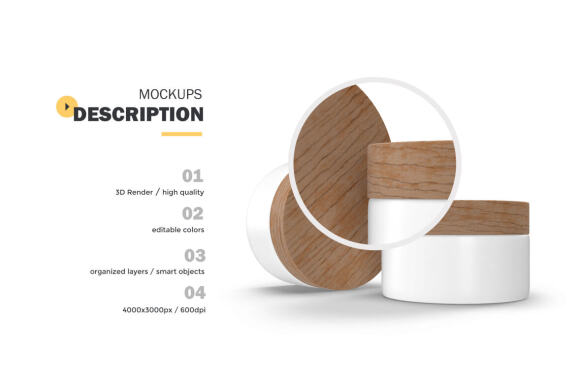 3D Plastic Jars With Wooden Lids - Cosmetic Product Mockup