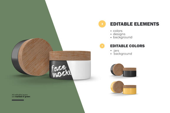 3D Plastic Jars With Wooden Lids - Cosmetic Product Mockup