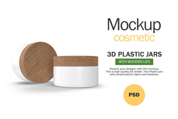 3D Plastic Jars With Wooden Lids - Cosmetic Product Mockup