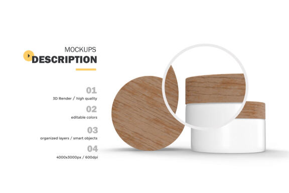 3D Plastic Jars With Wooden Lids - Cosmetic Product Mockup