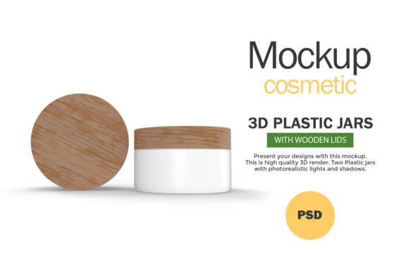 3D Plastic Jars With Wooden Lids - Cosmetic Product Mockup