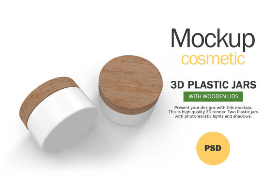 3D Plastic Jars With Wooden Lids - Cosmetic Product Mockup