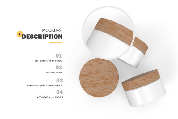 3D Plastic Jars With Wooden Lids - Cosmetic Product Mockup