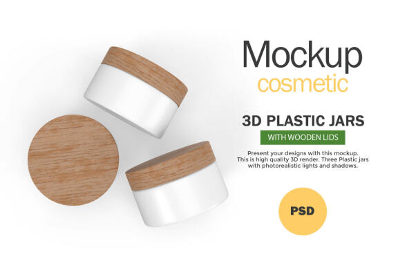 3D Plastic Jars With Wooden Lids - Cosmetic Product Mockup