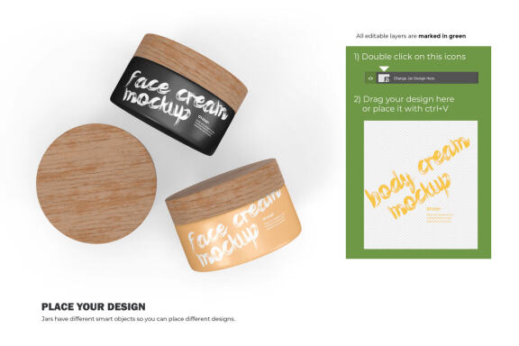 3D Plastic Jars With Wooden Lids - Cosmetic Product Mockup