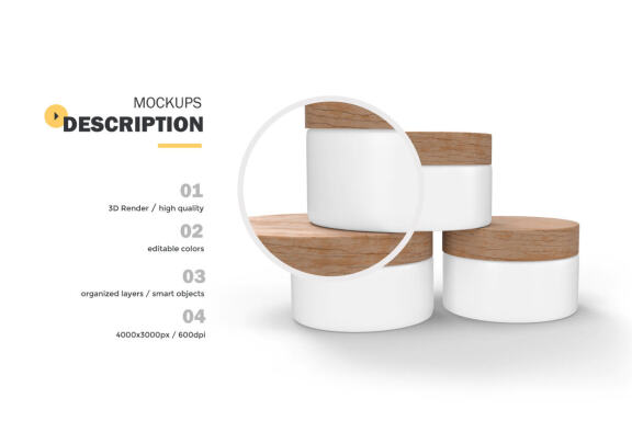 3D Plastic Jars With Wooden Lids - Cosmetic Product Mockup