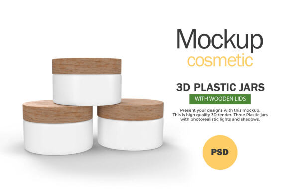 3D Plastic Jars With Wooden Lids - Cosmetic Product Mockup
