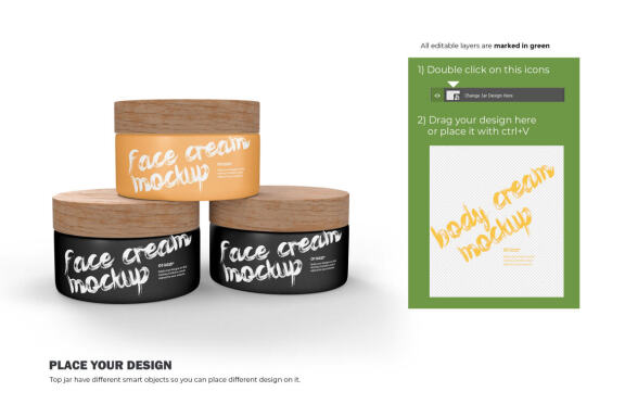 3D Plastic Jars With Wooden Lids - Cosmetic Product Mockup