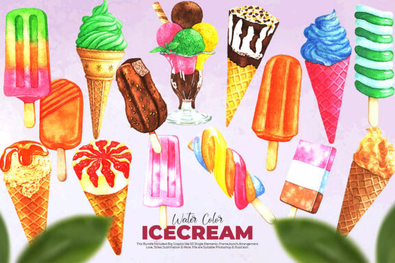 Watercolor Ice-cream Clip Art Bundle