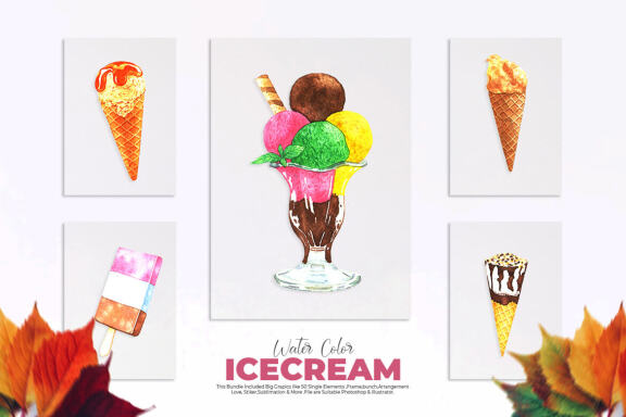 Watercolor Ice-cream Clip Art Bundle