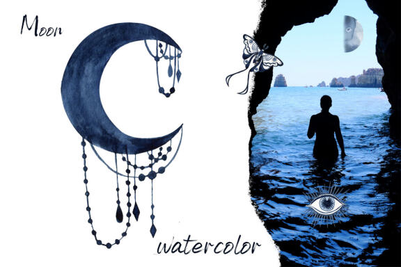Watercolor moon clipart. Moon phases clip art, planets, Magic