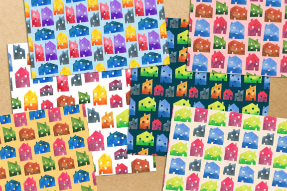 Watercolor houses 6 seamless patterns Jpeg Png