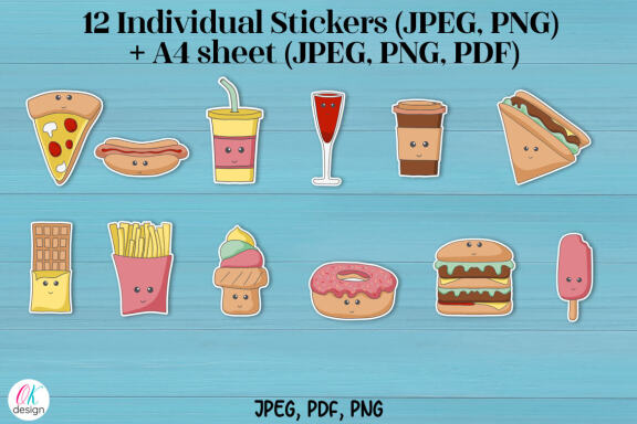 Kawaii food Printable Stickers. 12 cute food stickers. JPEG. PDF, PNG files.