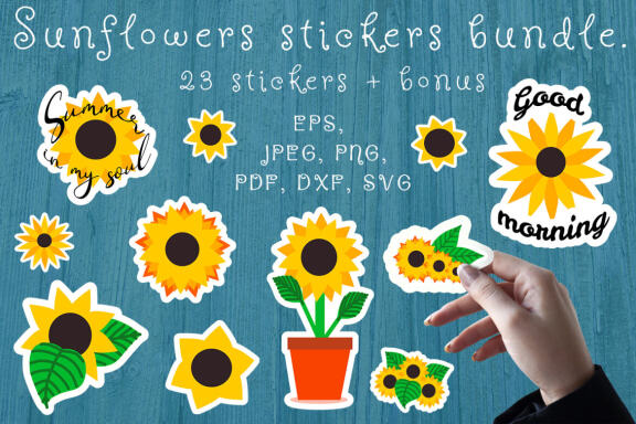Sunflower stickers bundle. Sunflower SVG, PNG, EPS files.