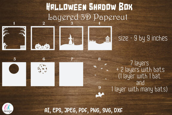 Halloween shadow box svg, 3d Layered Papercut Cutting File. Halloween light box.
