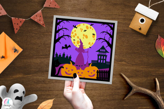 Halloween shadow box svg, 3d Layered Papercut Cutting File. Halloween light box.