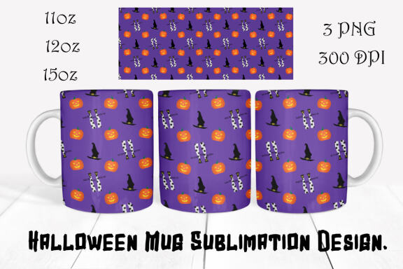 Halloween Mug Sublimation Bundle. Set of 8 PNG Mug wrap Designs. 11oz, 12oz, 15oz mug sublimation designs.