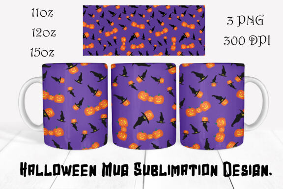 Halloween Mug Sublimation Bundle. Set of 8 PNG Mug wrap Designs. 11oz, 12oz, 15oz mug sublimation designs.