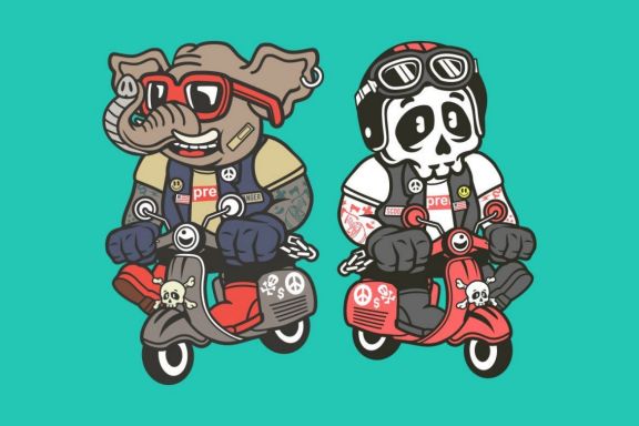 6 Scooterist Cartoon Character 