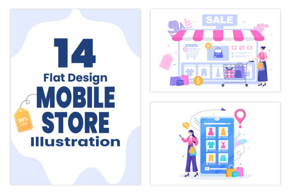 14 Mobile Store or Shopping Online in App Illustration