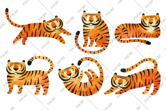 Cute tigers in jungles wild animals illustrations Jpeg Png