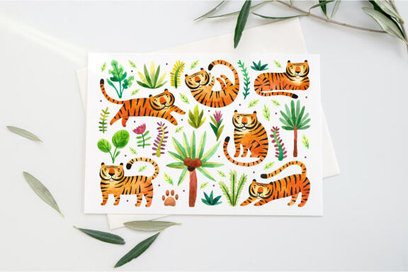 Cute tigers in jungles wild animals illustrations Jpeg Png