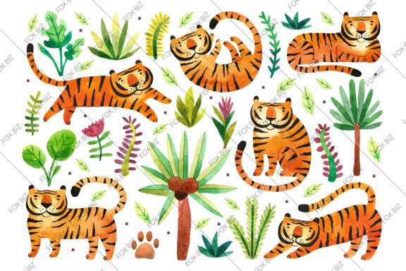 Cute tigers in jungles wild animals illustrations Jpeg Png