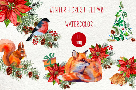 Watercolor Winter Forest Clipart