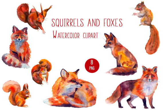 Squirrels and foxes watercolor Forest Clipart
