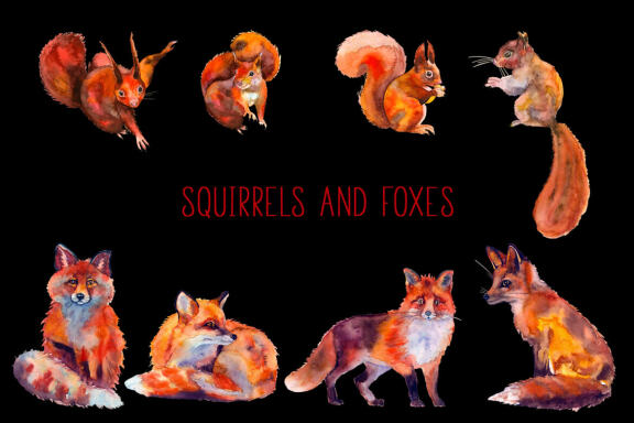 Squirrels and foxes watercolor Forest Clipart