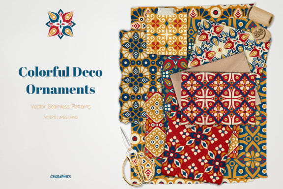 Colorful Deco Ornaments Vector Seamless Patterns