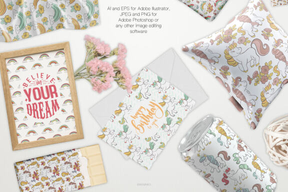 Cute Little Magical Unicorns Vector Patterns
