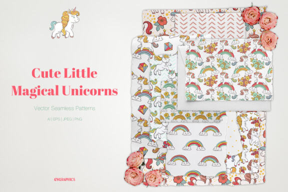 Cute Little Magical Unicorns Vector Patterns